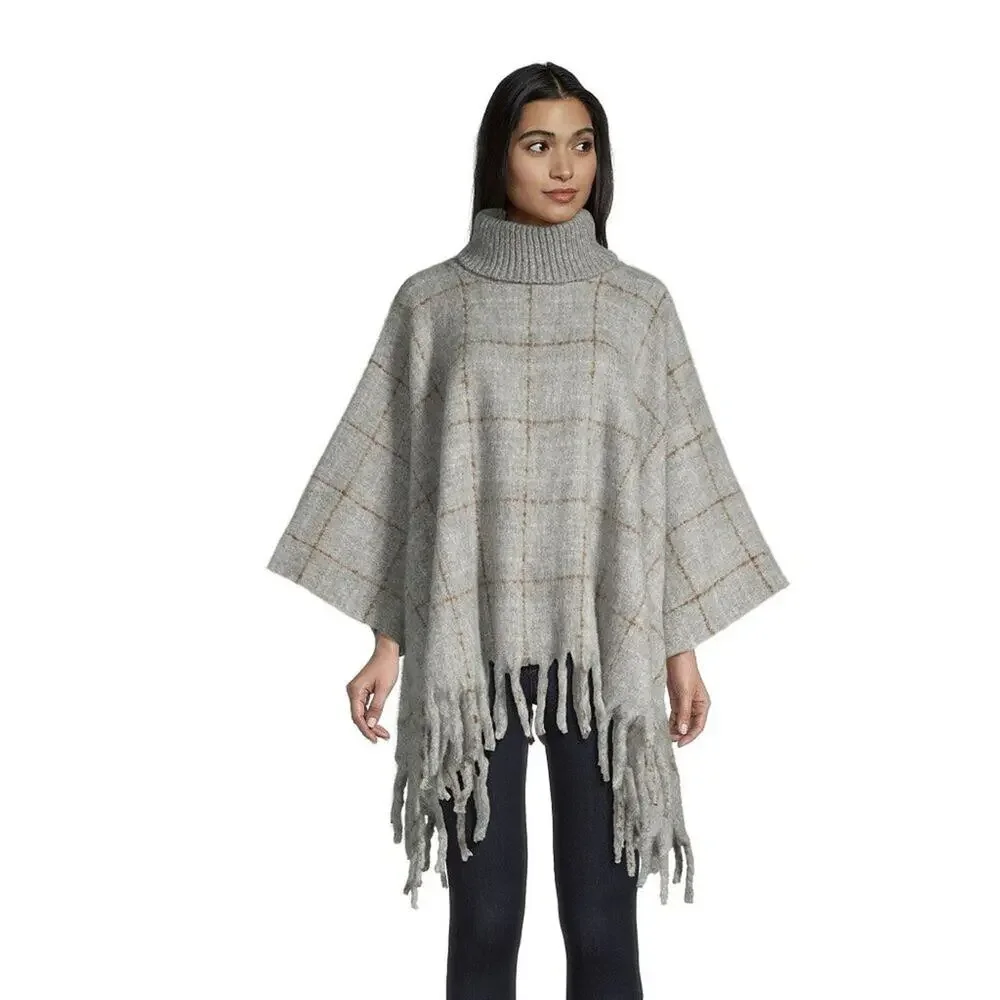 World Market Poncho Women's One Size NWT Gray/Tan Windowpane Turtleneck